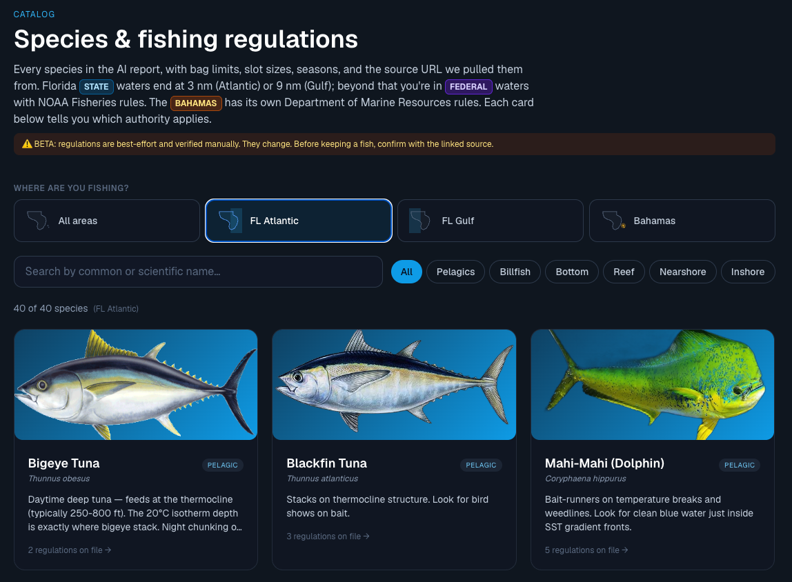 Species & fishing regulations — 40 species with bag limits, slot sizes, seasons, and the source for each